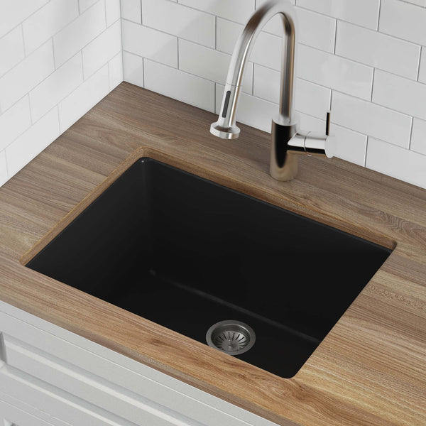 Ruvati Fiamma 24-inch Fireclay Undermount / Drop-in Topmount Kitchen Sink Single Bowl, Glossy Black, RVL2420BK