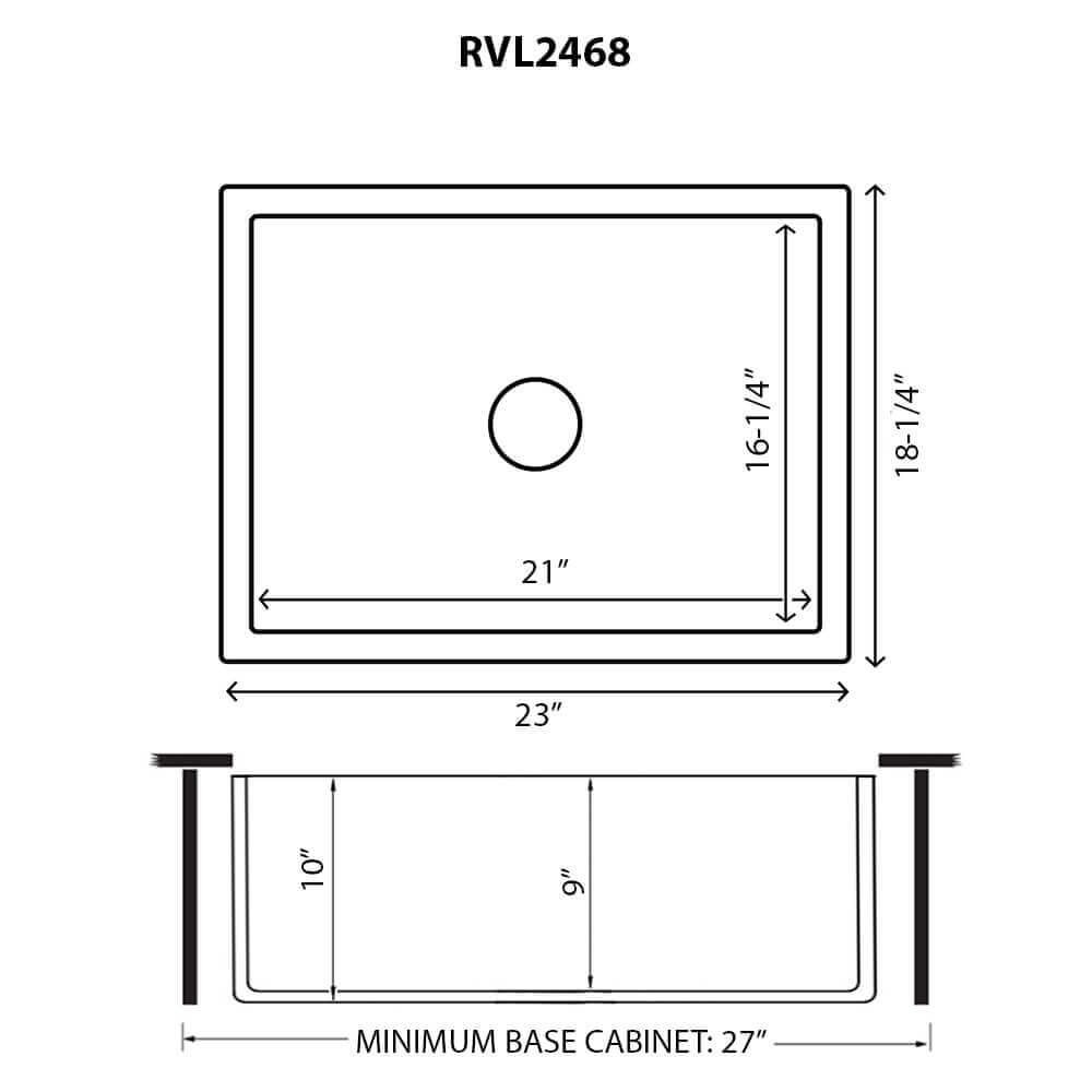 Dimensions Image for Ruvati 23-inch Fireclay Farmhouse Kitchen Laundry Utility Sink Single Bowl - White, RVL2468WH