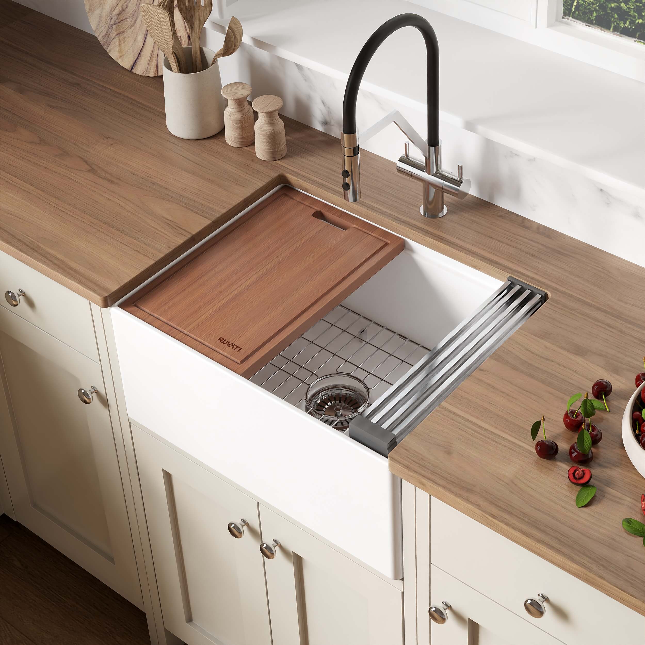 Ruvati Fiore 24" Fireclay Workstation Farmhouse Sink, White, RVL2484WH