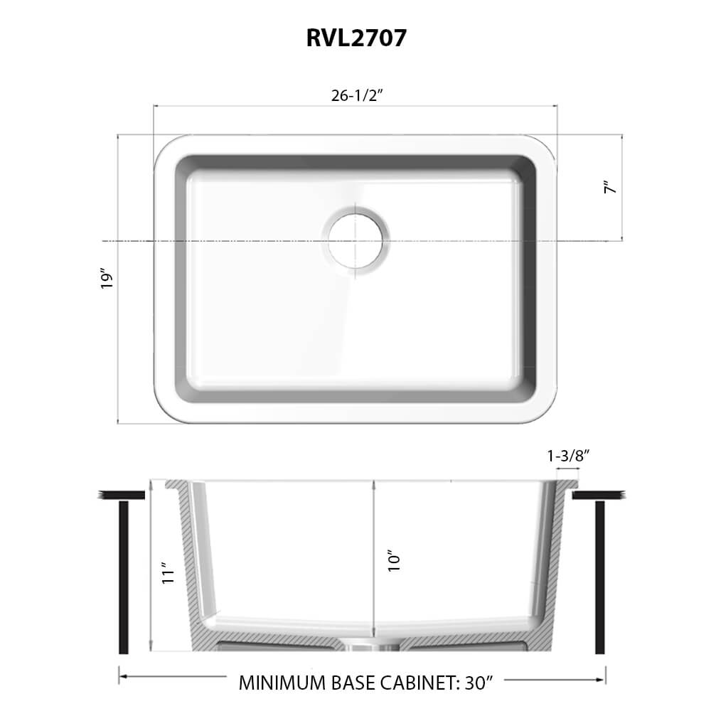 Dimensions Image for Ruvati Fiamma 27-inch Fireclay Undermount / Drop-in Topmount Kitchen Sink Single Bowl, Black, RVL2707BK