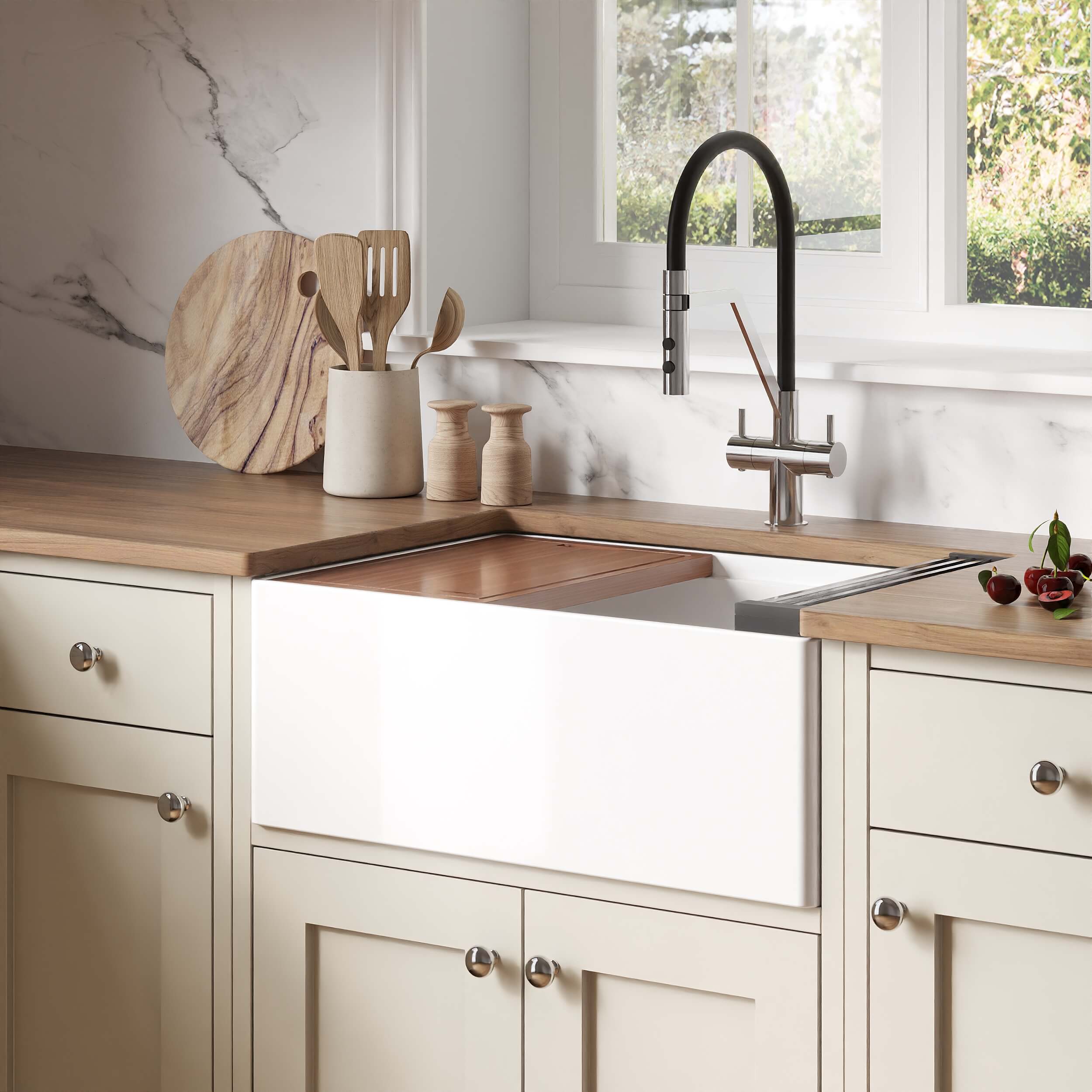 Ruvati Fiore 27" Fireclay Workstation Farmhouse Sink, White, RVL2781WH Product Image