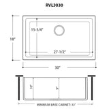 Dimensions for Ruvati Fiamma 30" Undermount Fireclay Kitchen Sink, White, RVL3030WH