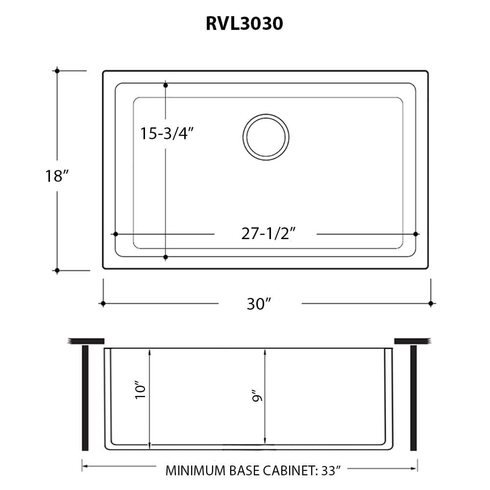 Dimensions Image for Ruvati Fiamma 30-inch Fireclay Undermount / Drop-in Topmount Kitchen Sink Single Bowl, Blue- Laguna Blue, RVL3030LU