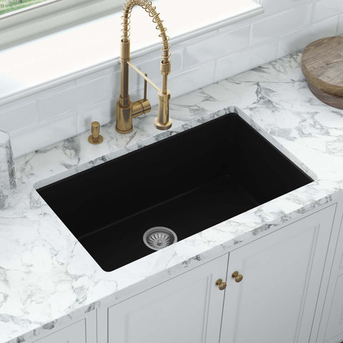 Ruvati Fiamma 30-inch Fireclay Undermount / Drop-in Topmount Kitchen Sink Single Bowl, Glossy Black, RVL3030BK