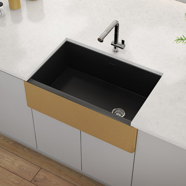 Main Image of Ruvati Fiamma 30" Fireclay Farmhouse Sink, Matte Black and Brushed Gold, RVL4018GRG