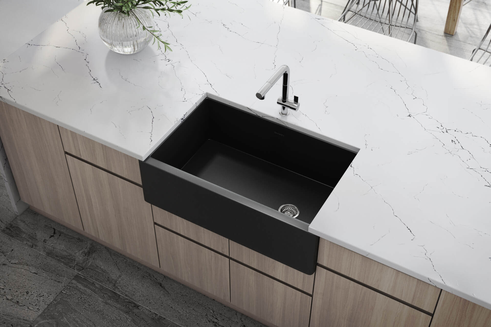 Alternative View of Ruvati Fiamma 30" Fireclay Offset Drain Farmhouse Sink, Matte Black, RVL4018MBK