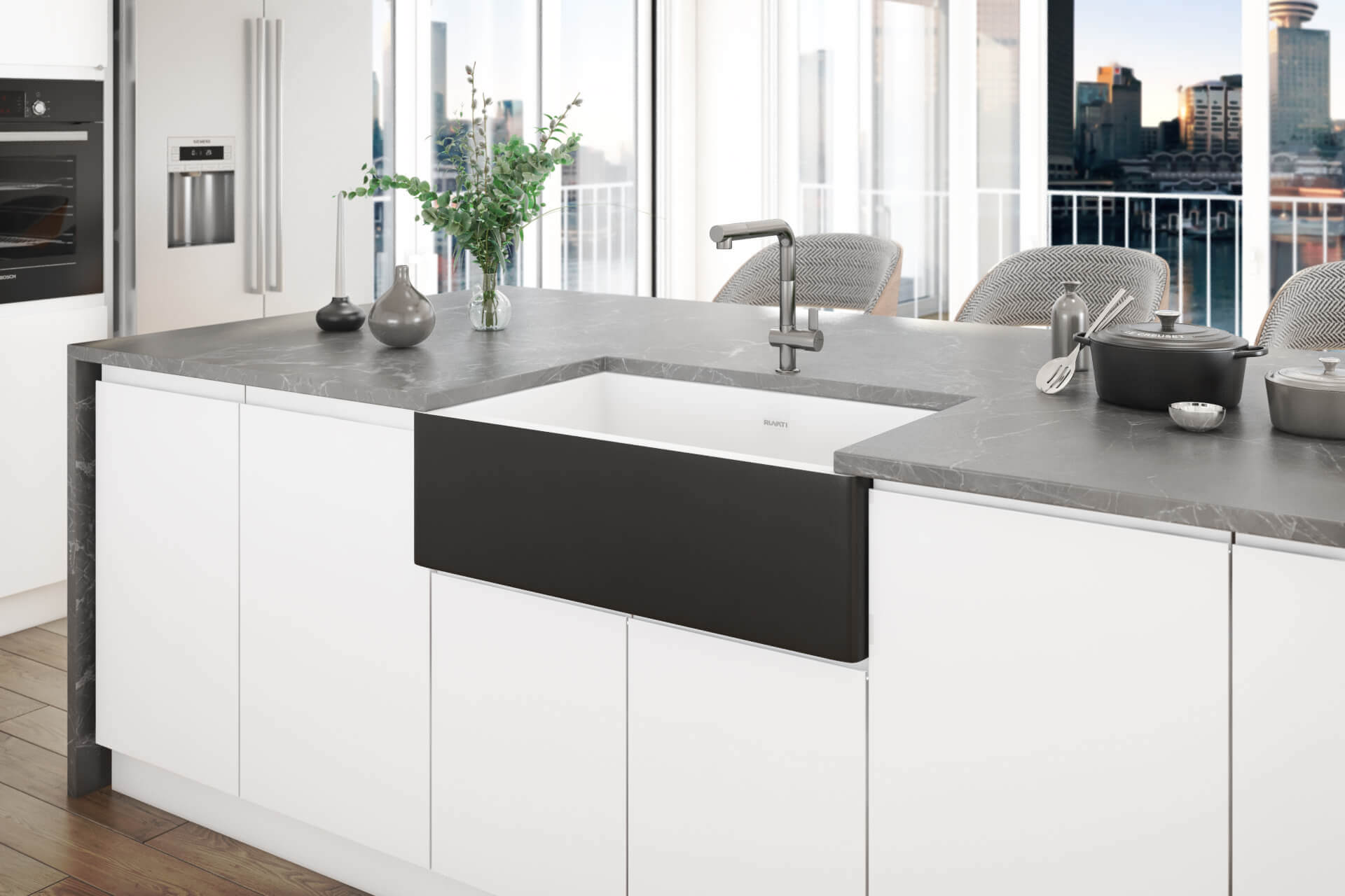 Alternative View of Ruvati Fiamma 30" Fireclay Offset Drain Farmhouse Sink, Black and White, RVL4018RBW