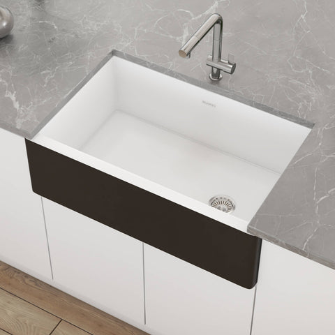 Main Image of Ruvati Fiamma 30" Fireclay Offset Drain Farmhouse Sink, Black and White, RVL4018RBW