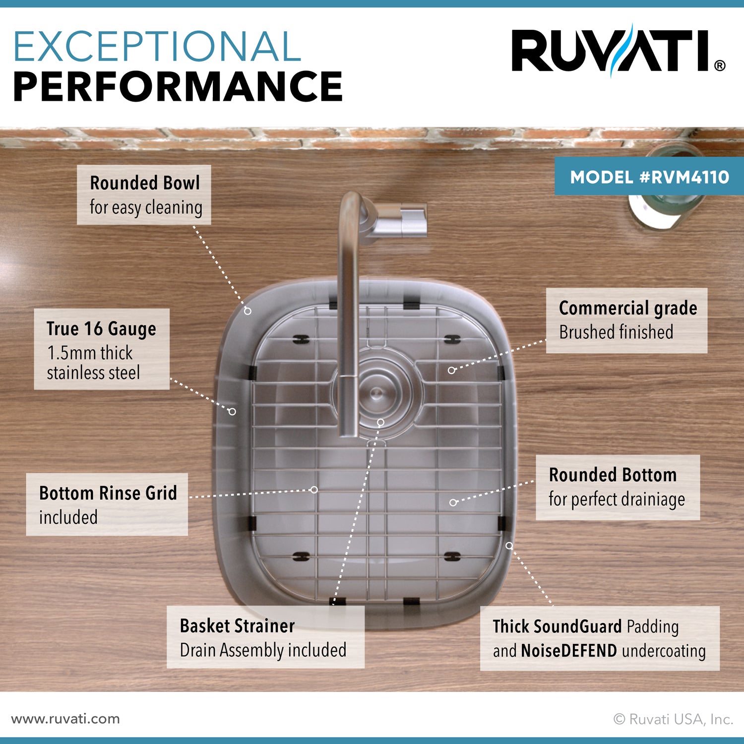 Alternative View of Ruvati Parmi 16" Undermount Rectangle Stainless Steel Bar/Prep Sink, 16 Gauge, RVM4110