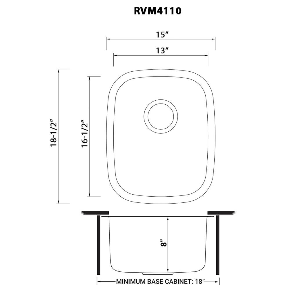 Dimensions Image for Ruvati Parmi 16" Undermount Rectangle Stainless Steel Bar/Prep Sink, 16 Gauge, RVM4110