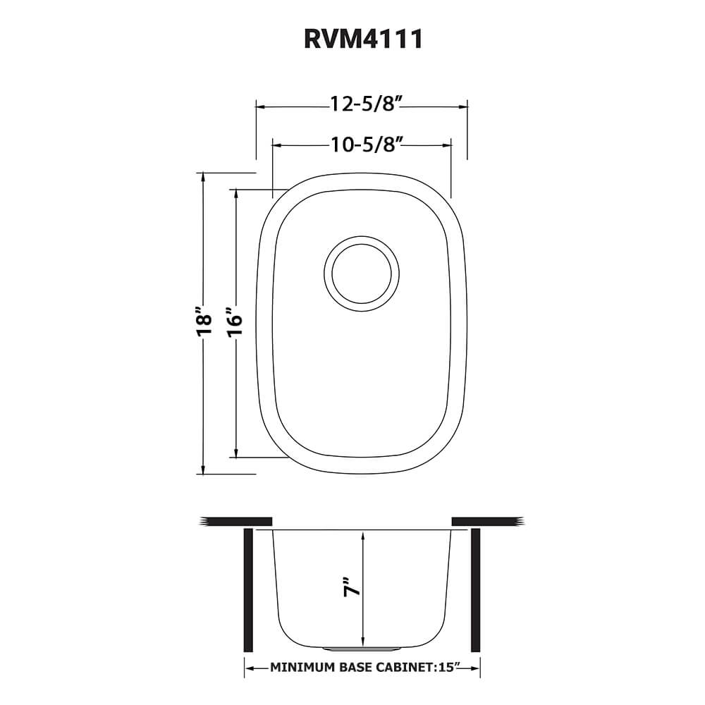 Dimensions Image for Ruvati Parmi 13" Undermount Rectangle Stainless Steel Bar/Prep Sink, 16 Gauge, RVM4111