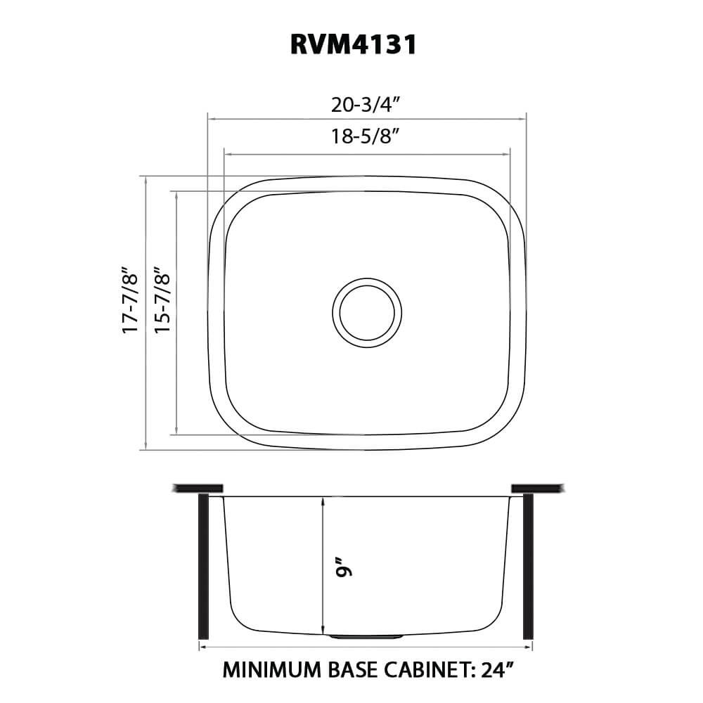 Dimensions Image for Ruvati Parmi 21" Undermount Stainless Steel Bar/Prep Sink, 16 Gauge, RVM4131