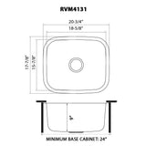 Dimensions for Ruvati Parmi 21" Undermount Stainless Steel Bar/Prep Sink, 16 Gauge, RVM4131