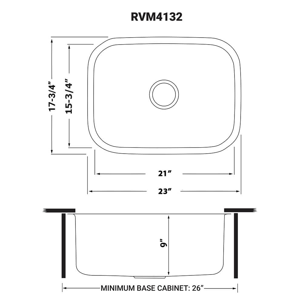 Dimensions Image for Ruvati Parmi 23" Undermount Stainless Steel Kitchen Sink, 16 Gauge, RVM4132