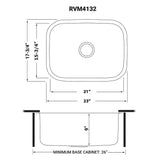 Dimensions for Ruvati Parmi 23" Undermount Stainless Steel Kitchen Sink, 16 Gauge, RVM4132