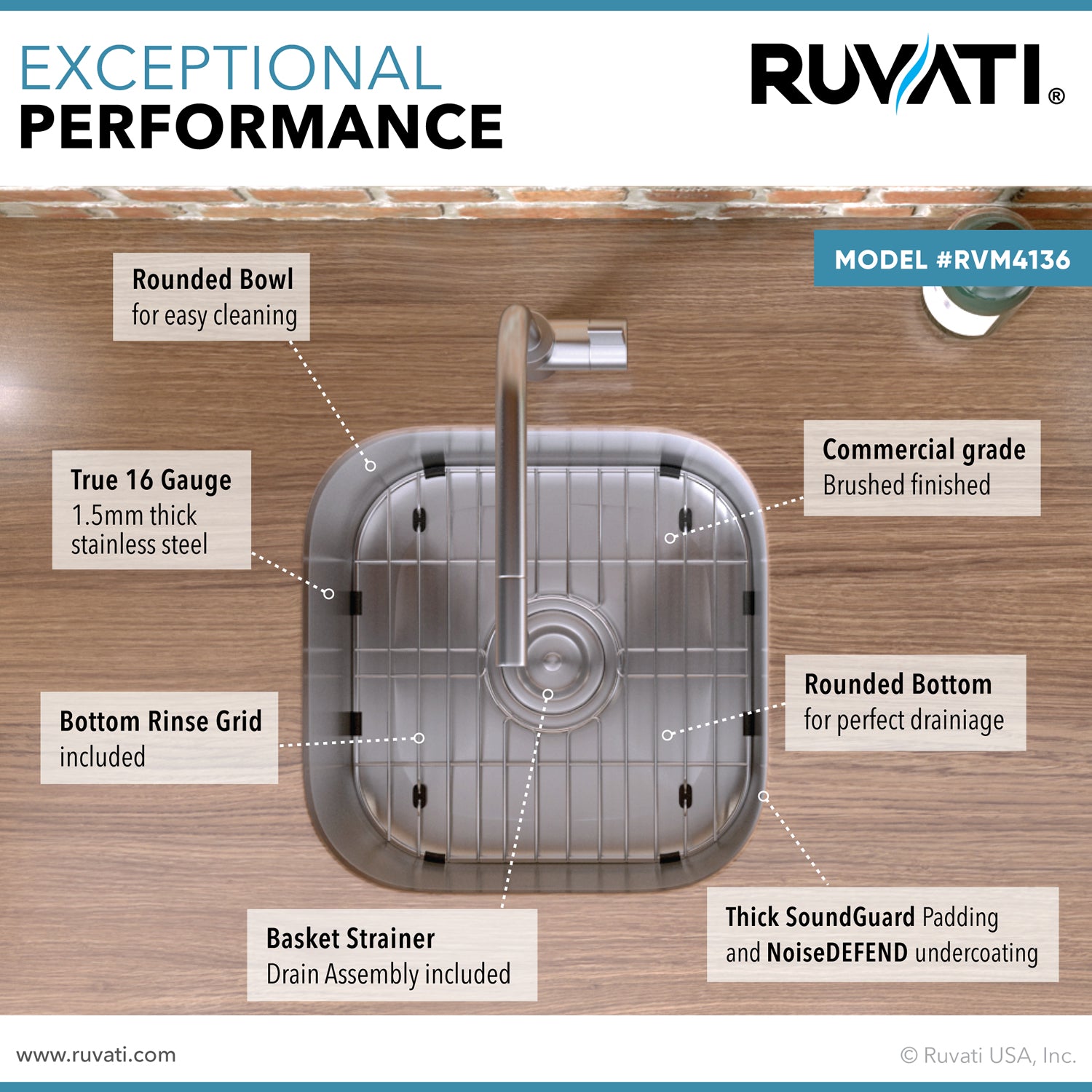 Alternate Image for Ruvati Parmi 13" Undermount Rectangle Stainless Steel Bar/Prep Sink, 16 Gauge, RVM4136