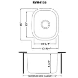 Dimensions for Ruvati Parmi 13" Undermount Rectangle Stainless Steel Bar/Prep Sink, 16 Gauge, RVM4136