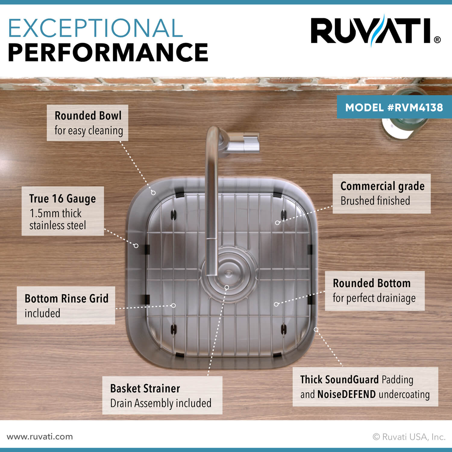 Alternative View of Ruvati Parmi 16" Undermount Square Stainless Steel Bar/Prep Sink, 16 Gauge, RVM4138