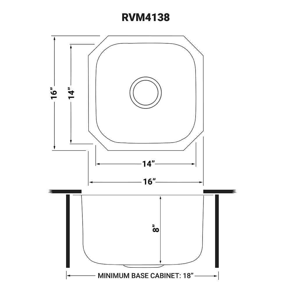 Dimensions Image for Ruvati Parmi 16" Undermount Square Stainless Steel Bar/Prep Sink, 16 Gauge, RVM4138