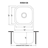 Dimensions for Ruvati Parmi 16" Undermount Square Stainless Steel Bar/Prep Sink, 16 Gauge, RVM4138