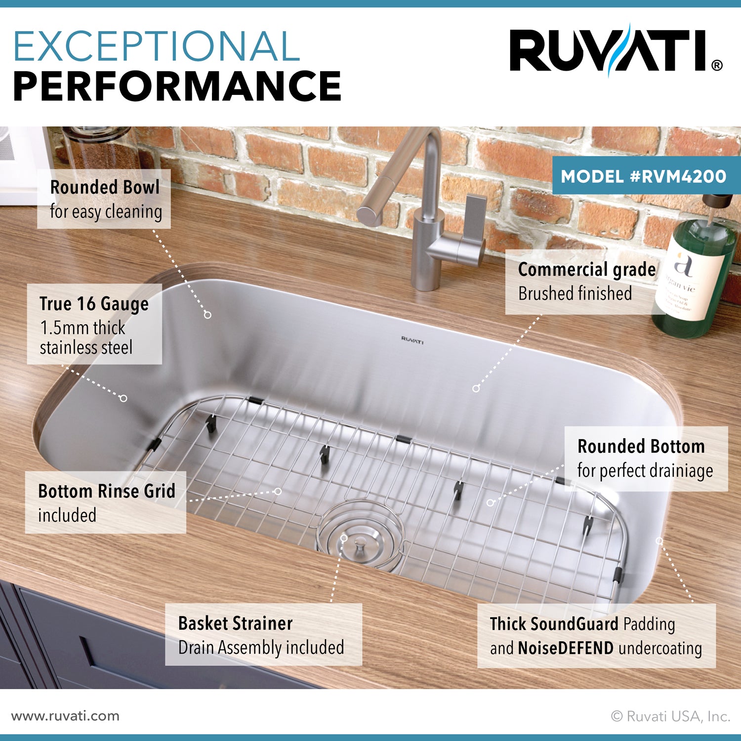 Alternative View of Ruvati Parmi 32" Undermount Stainless Steel Kitchen Sink, 16 Gauge, RVM4200