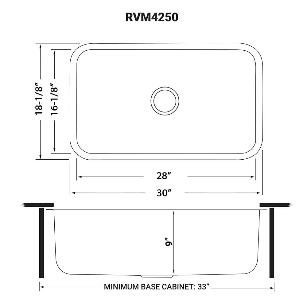 Dimensions Image for Ruvati Parmi 30" Undermount Stainless Steel Kitchen Sink, 16 Gauge, RVM4250