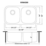 Dimensions for Ruvati Parmi 32" Undermount Stainless Steel Kitchen Sink, 50/50 Double Bowl, 16 Gauge, RVM4300