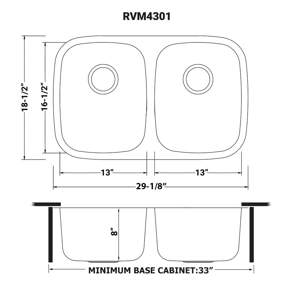 Dimensions Image for Ruvati Parmi 29" Undermount Stainless Steel Kitchen Sink, 50/50 Double Bowl, 16 Gauge, RVM4301