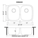 Dimensions for Ruvati Parmi 29" Undermount Stainless Steel Kitchen Sink, 50/50 Double Bowl, 16 Gauge, RVM4301