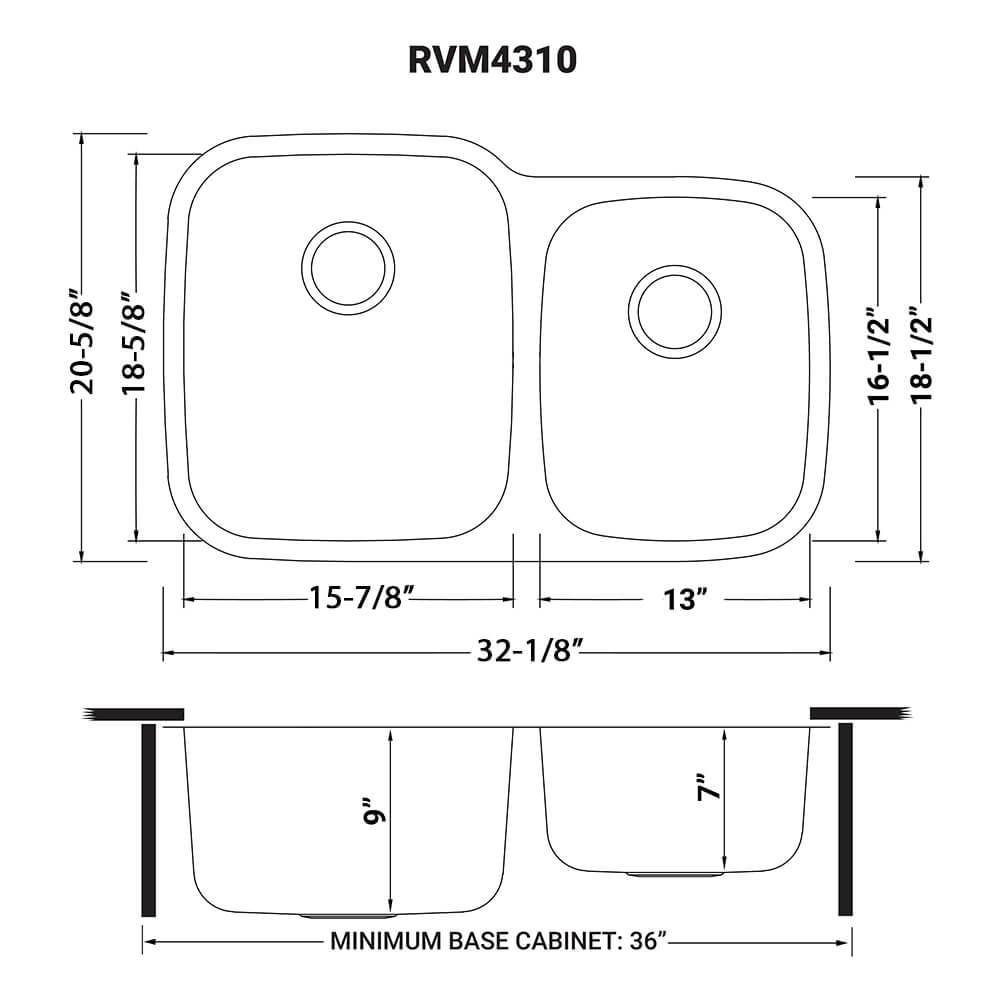 Dimensions Image for Ruvati Parmi 32" Undermount Stainless Steel Kitchen Sink, 60/40 Double Bowl, 16 Gauge, RVM4310