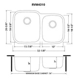 Dimensions for Ruvati Parmi 32" Undermount Stainless Steel Kitchen Sink, 60/40 Double Bowl, 16 Gauge, RVM4310