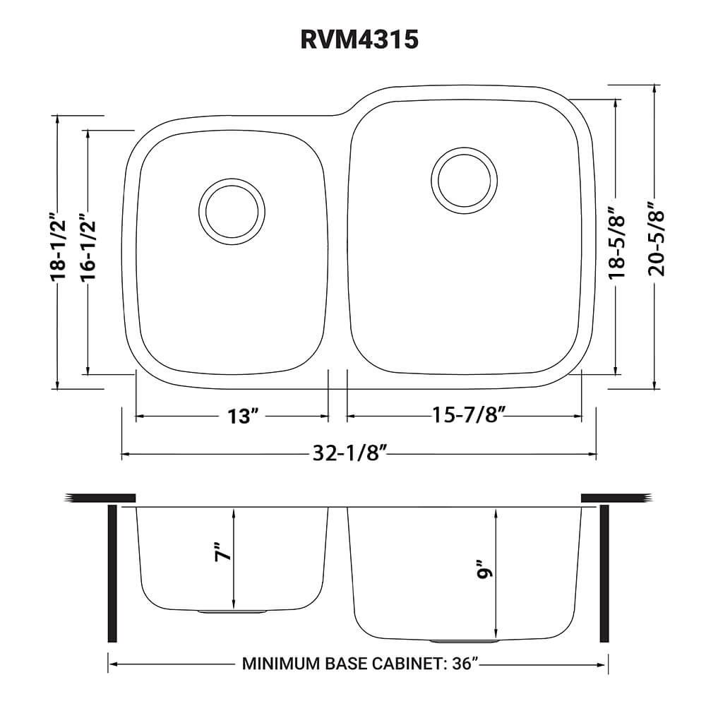 Dimensions Image for Ruvati Parmi 32" Undermount Stainless Steel Kitchen Sink, 40/60 Double Bowl, 16 Gauge, RVM4315
