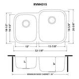 Dimensions for Ruvati Parmi 32" Undermount Stainless Steel Kitchen Sink, 40/60 Double Bowl, 16 Gauge, RVM4315