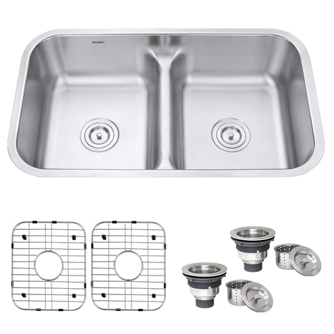 Main Image of Ruvati Parmi 32" Undermount Stainless Steel Kitchen Sink, 50/50 Low Divide Double Bowl, 16 Gauge, RVM4350