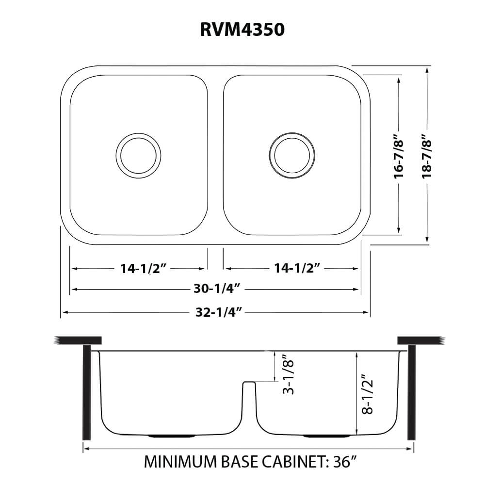 Dimensions Image for Ruvati Parmi 32" Undermount Stainless Steel Kitchen Sink, 50/50 Low Divide Double Bowl, 16 Gauge, RVM4350