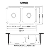 Dimensions for Ruvati Parmi 32" Undermount Stainless Steel Kitchen Sink, 50/50 Low Divide Double Bowl, 16 Gauge, RVM4350