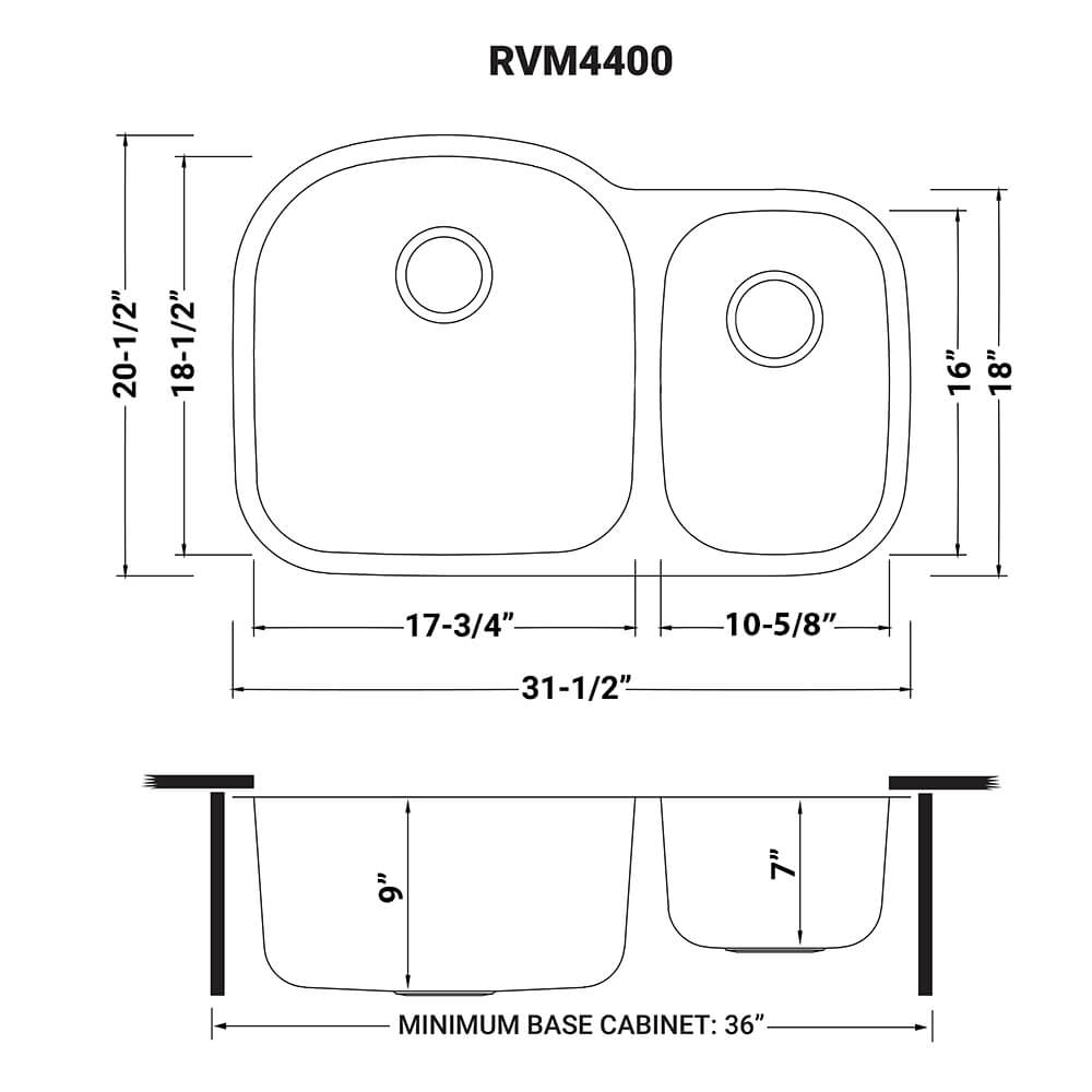 Dimensions Image for Ruvati Parmi 32" Undermount Stainless Steel Kitchen Sink, 60/40 Double Bowl, 16 Gauge, RVM4400