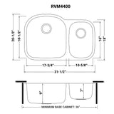 Dimensions for Ruvati Parmi 32" Undermount Stainless Steel Kitchen Sink, 60/40 Double Bowl, 16 Gauge, RVM4400
