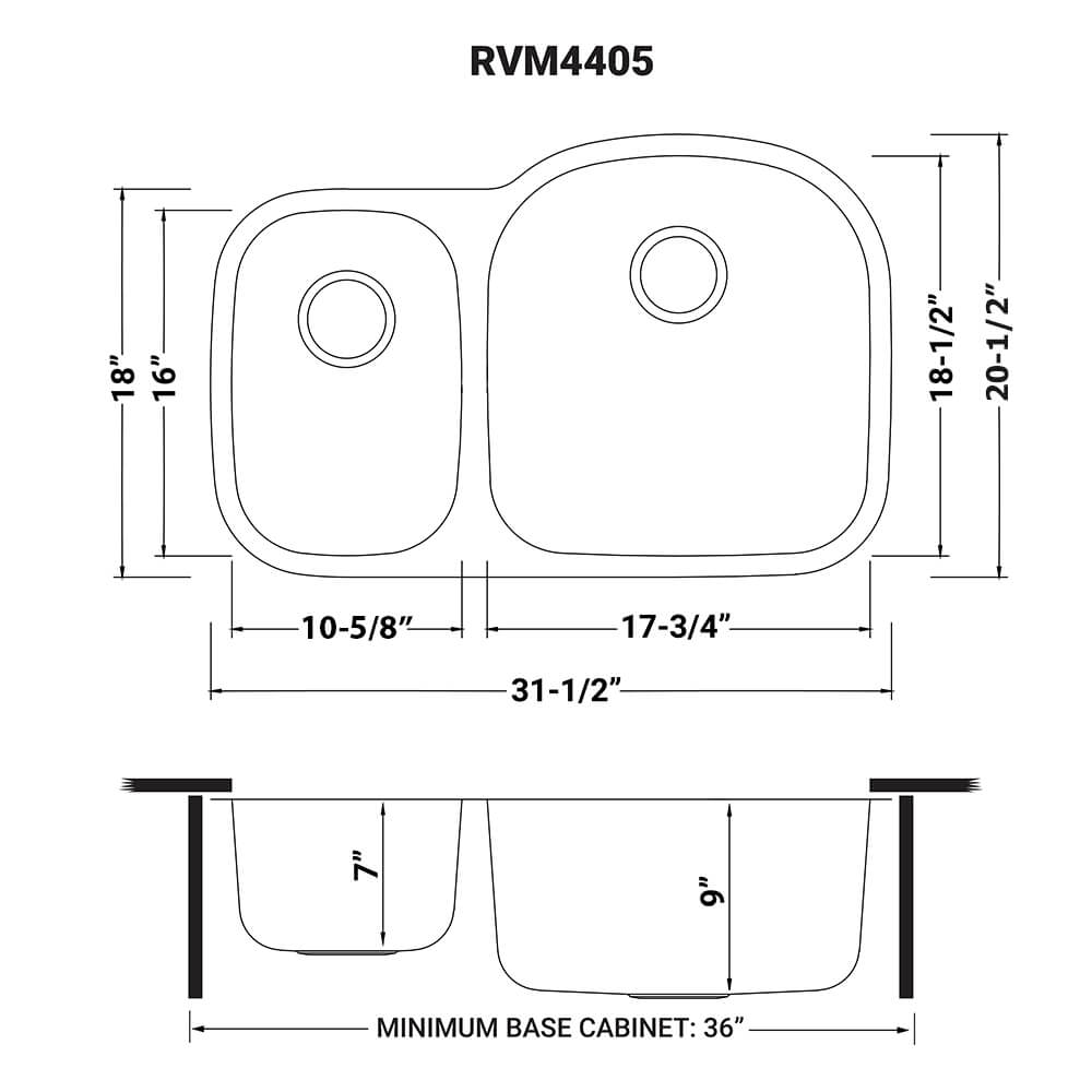 Dimensions Image for Ruvati Parmi 32" Undermount Stainless Steel Kitchen Sink, 40/60 Double Bowl, 16 Gauge, RVM4405