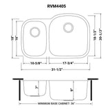 Dimensions for Ruvati Parmi 32" Undermount Stainless Steel Kitchen Sink, 40/60 Double Bowl, 16 Gauge, RVM4405