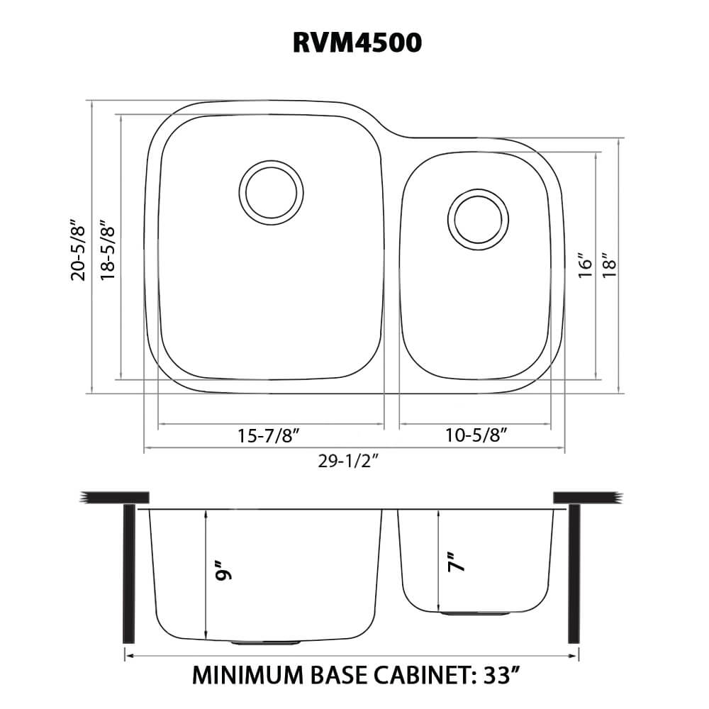 Dimensions Image for Ruvati Parmi 29" Undermount Stainless Steel Kitchen Sink, 60/40 Double Bowl, 16 Gauge, RVM4500