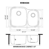 Dimensions for Ruvati Parmi 29" Undermount Stainless Steel Kitchen Sink, 60/40 Double Bowl, 16 Gauge, RVM4500