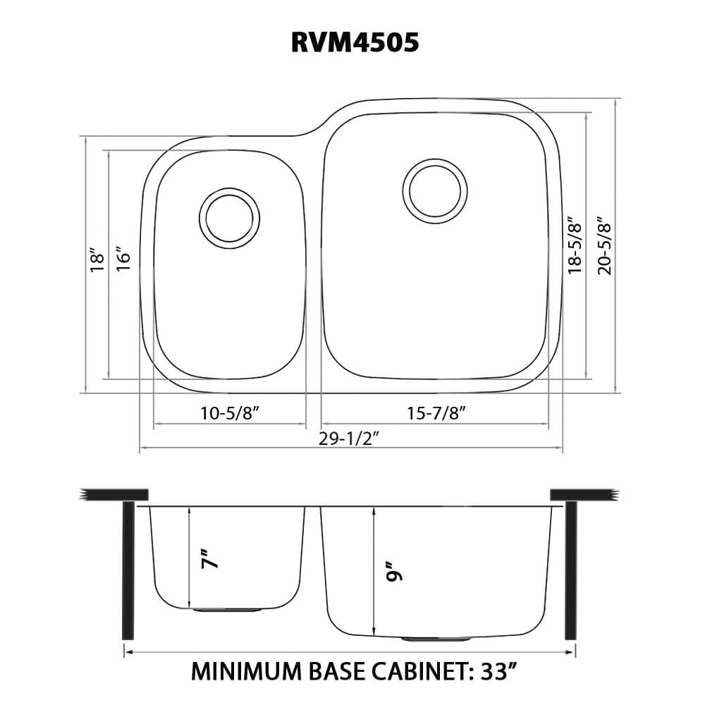 Dimensions Image for Ruvati Parmi 29" Undermount Stainless Steel Kitchen Sink, 40/60 Double Bowl, 16 Gauge, RVM4505