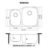 Dimensions for Ruvati Parmi 29" Undermount Stainless Steel Kitchen Sink, 40/60 Double Bowl, 16 Gauge, RVM4505