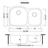 Dimensions for Ruvati Parmi 34" Undermount Stainless Steel Kitchen Sink, 60/40 Double Bowl, 16 Gauge, RVM4600