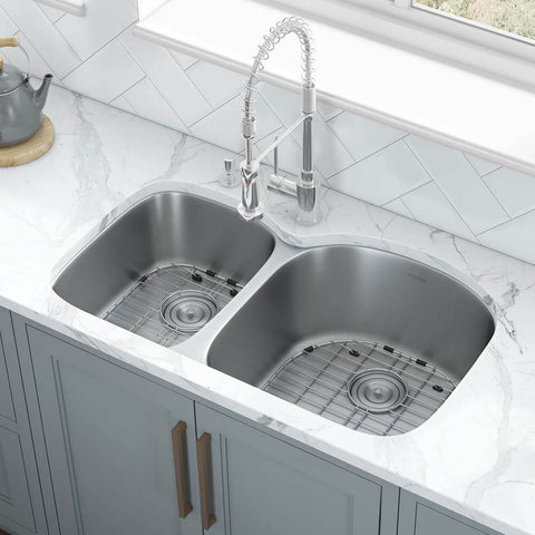 Main Image of Ruvati Parmi 34" Undermount Stainless Steel Kitchen Sink, 40/60 Double Bowl, 16 Gauge, RVM4605