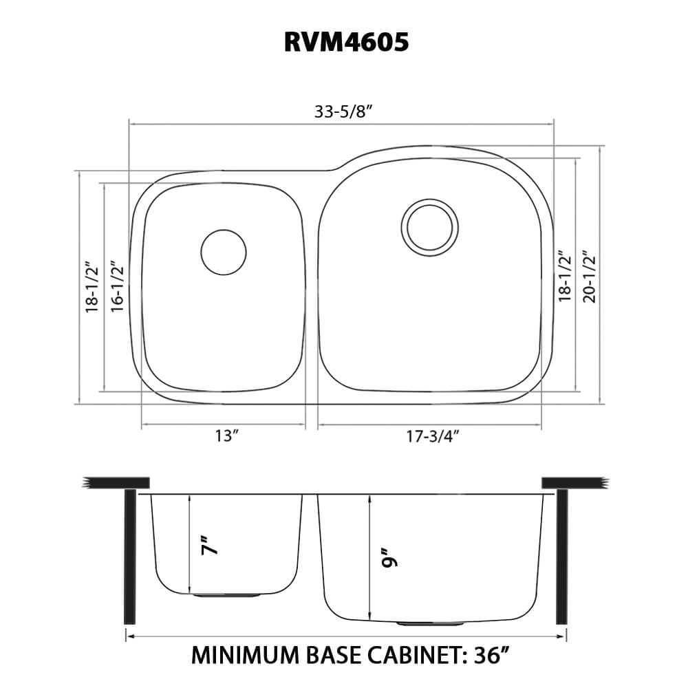 Dimensions Image for Ruvati Parmi 34" Undermount Stainless Steel Kitchen Sink, 40/60 Double Bowl, 16 Gauge, RVM4605