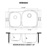 Dimensions for Ruvati Parmi 34" Undermount Stainless Steel Kitchen Sink, 40/60 Double Bowl, 16 Gauge, RVM4605