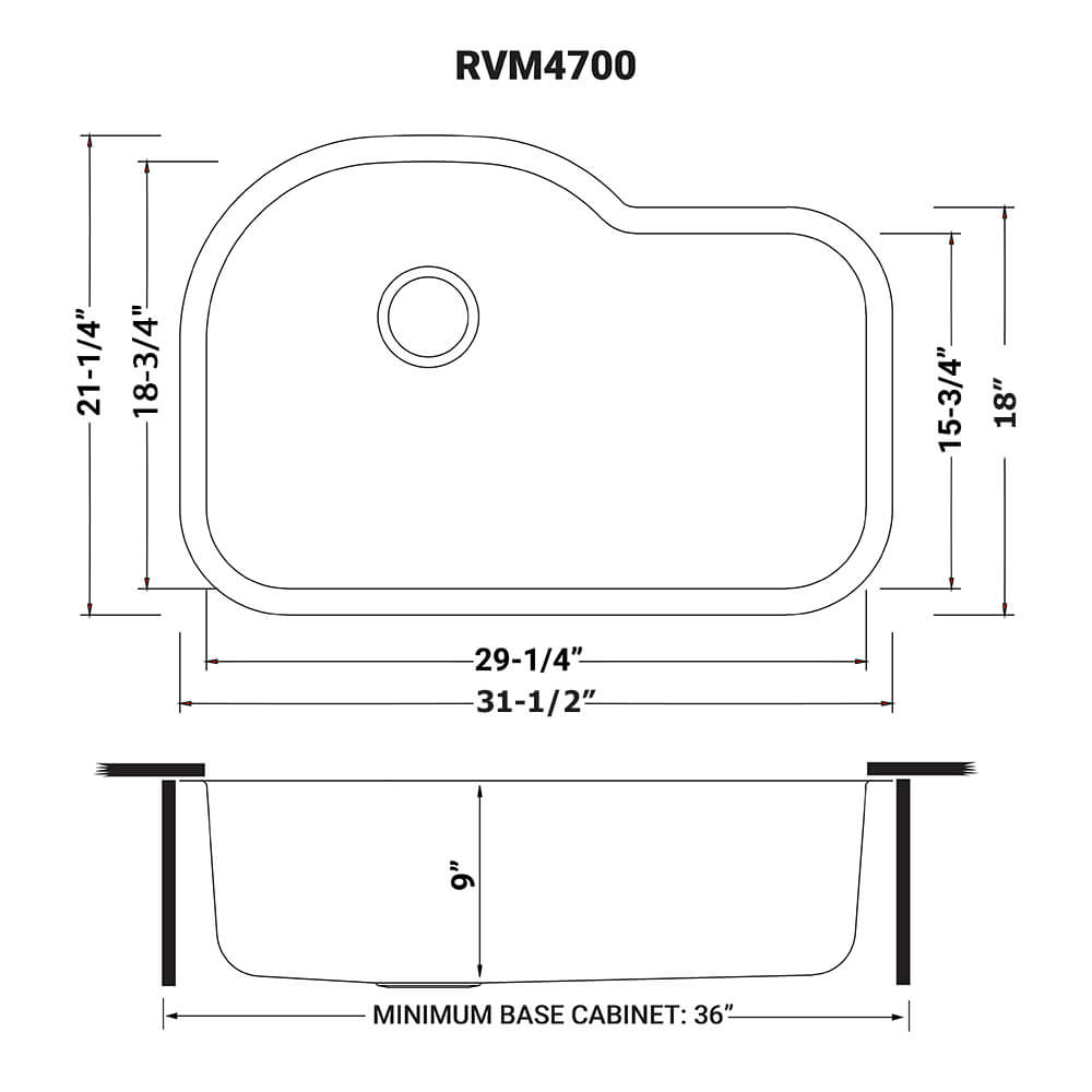 Dimensions Image for Ruvati Parmi 32" Undermount Stainless Steel Kitchen Sink, 16 Gauge, RVM4700