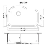 Dimensions for Ruvati Parmi 32" Undermount Stainless Steel Kitchen Sink, 16 Gauge, RVM4700